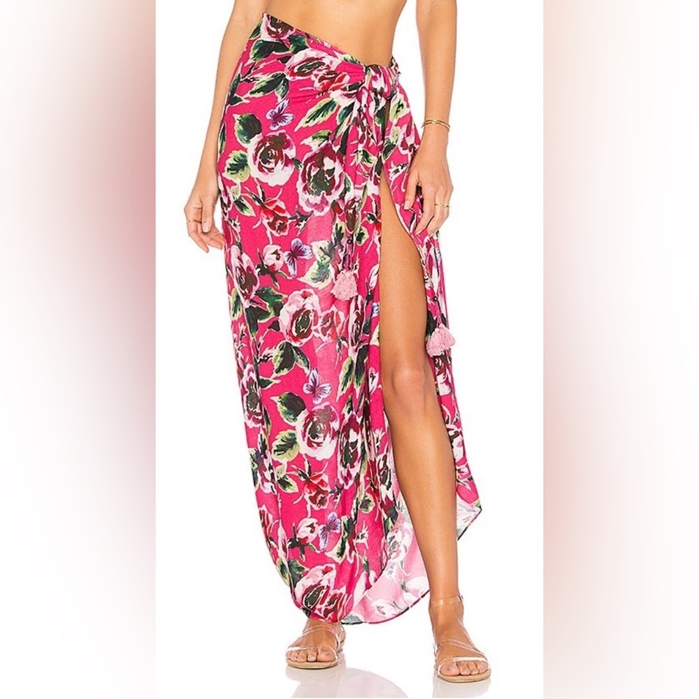 Lovers + Friends Pink Floral Wrap Maxi Skirt Swim Sarong Cover-Up M Medium